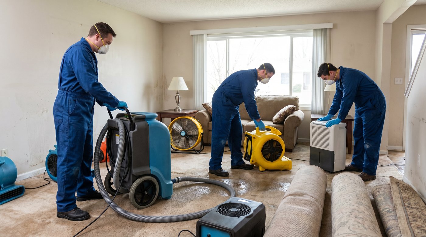 Water damage restoration team extracting water from a flooded living room in Brooklyn