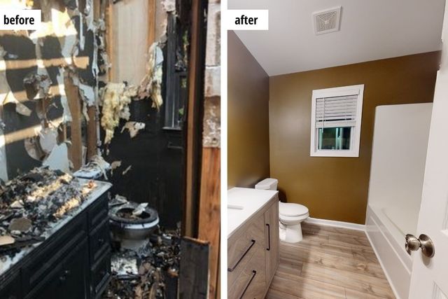 Before and after smoke damage restoration in a Brooklyn bathroom